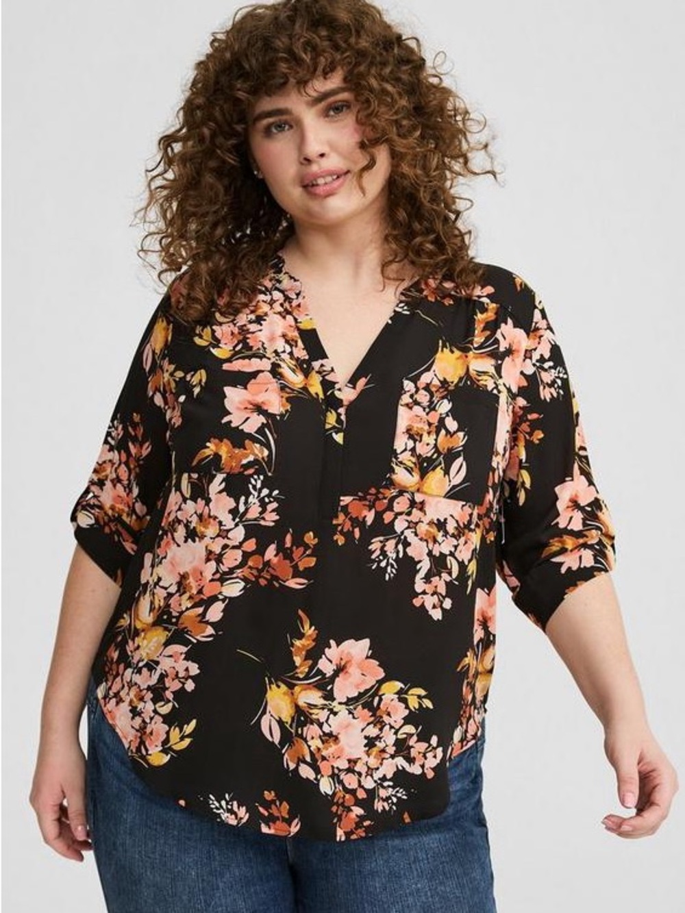 torrid Harper Georgette 3/4 Sleeve Black Floral V-Neck Blouse Peach and Pink